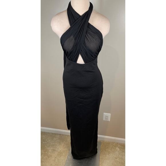 Helsa Amber Sheer Mesh Halterneck Tie Bodycon Black Maxi Dress Size Medium - Picture 3 of 7